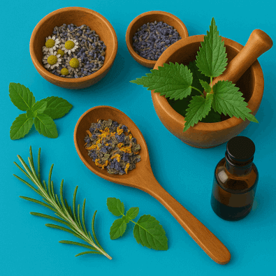 Symbolbild Naturheilkunde – frische Kräuter, Schale und Mörser als Zeichen für natürliche Heilmethoden im Therapiezentrum Oehme