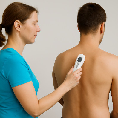 Symbolbild Scenartherapie - Patient erhält Scenar Therapie Behandlung im Therapiezentrum Oehme in Plauen.