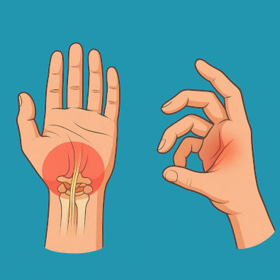 Illustration von Karpaltunnelsyndrom und Schnappfinger – grafische Darstellung entzündeter Handbereiche mit Fokus auf Ergotherapie im Therapiezentrum Oehme Plauen.