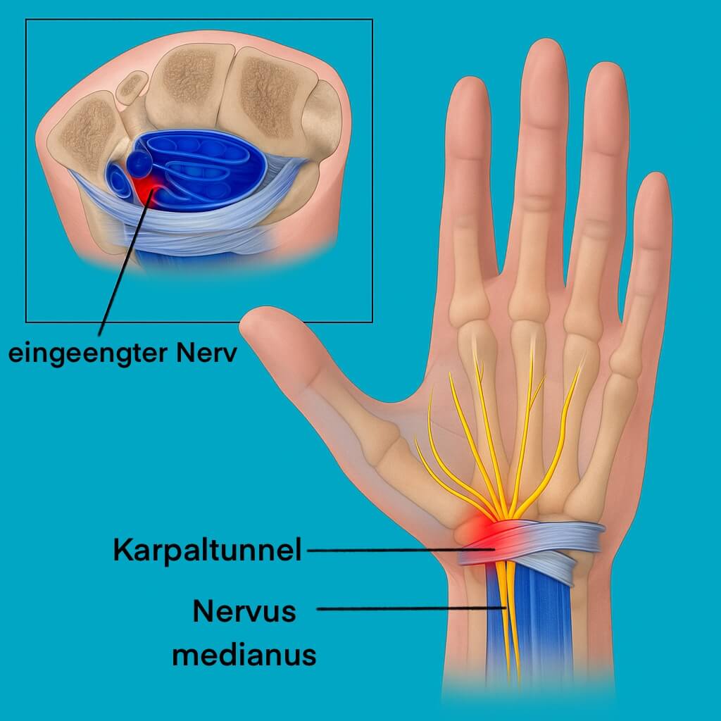 Medizinische Abbildung einer Hand mit Darstellung des Karpaltunnels und des eingeklemmten Nervus medianus – zeigt die Ursache des Karpaltunnelsyndroms. Behandlungsbezug zur Ergotherapie im Therapiezentrum Oehme.