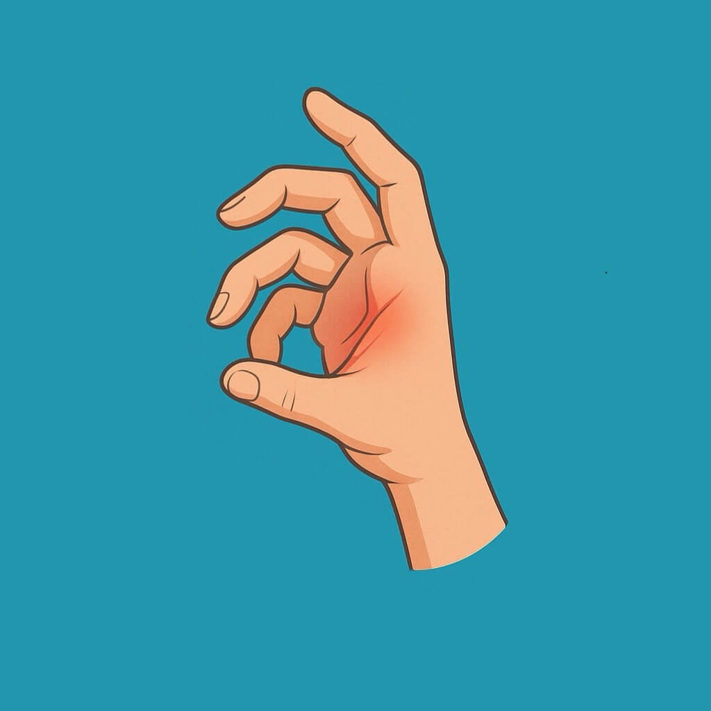 Medizinische Illustration der rechten Hand mit Schnappfinger, Darstellung der entzündeten Beugesehne im Finger, erstellt für das Therapiezentrum Oehme, spezialisiert auf Ergotherapie und Handrehabilitation