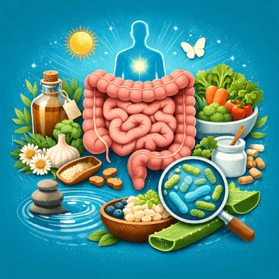 Illustration eines gesunden Darms mit natürlichen Lebensmitteln und Probiotika zur Unterstützung der Darmsanierung in der Naturheilkunde im Therapiezentrum Oehme