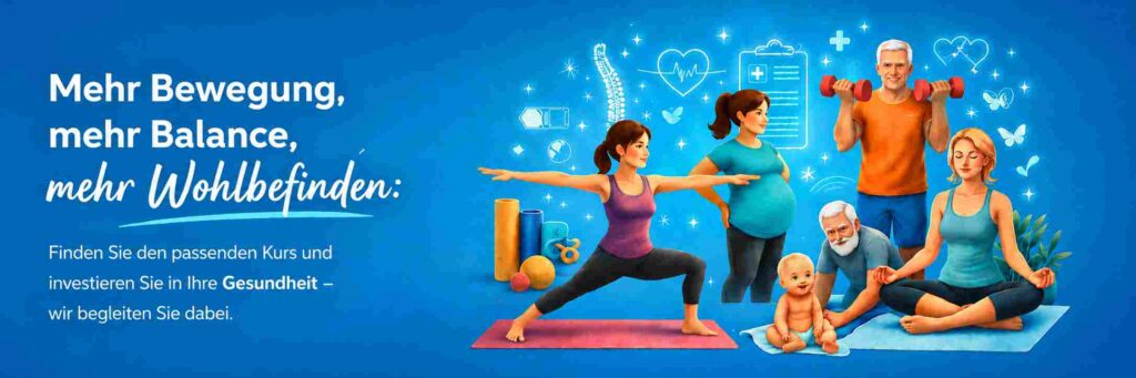 Gesundheitsbanner mit Menschen bei Yoga, Fitness und Entspannung sowie Text zu Bewegung, Balance und Wohlbefinden.