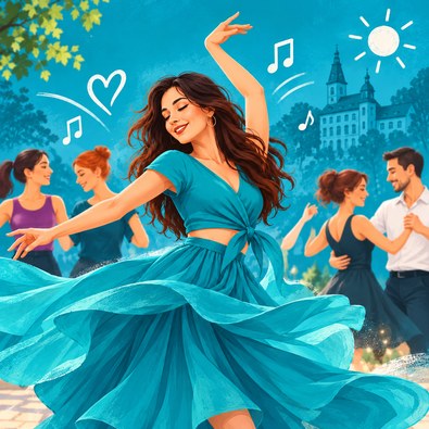 Eine Frau in einem türkisfarbenen, weit schwingenden Kleid tanzt fröhlich im Freien, umgeben von tanzenden Paaren und musikalischen Symbolen. Das Bild steht für den Tanzkurs im Therapiezentrum Oehme in Plauen.
